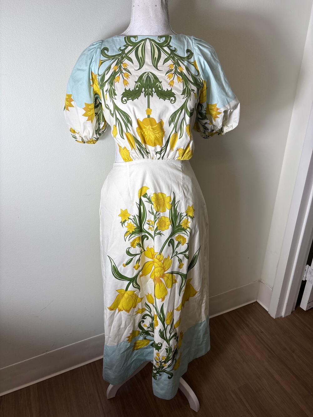 Mestiza Blue and Yellow Daffodil Cut Out Maxi Dress Sz S
